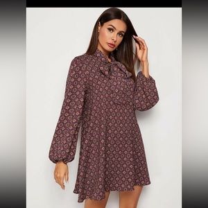 NWOT SHEIN Tie Neck Lantern Sleeve Geo Print Swing Dress